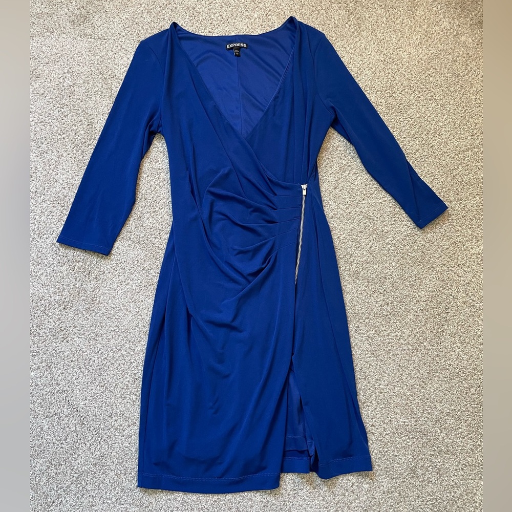 Express Blue Ruched Wrap Dress Long Sleeve